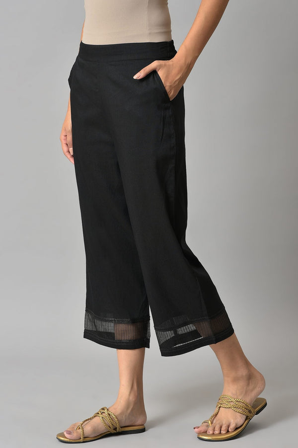 Elleven Women's Black Solid Straight Fit Culottes With Sheer Hem Detail
