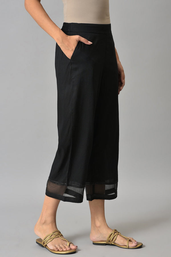Elleven Women's Black Solid Straight Fit Culottes With Sheer Hem Detail