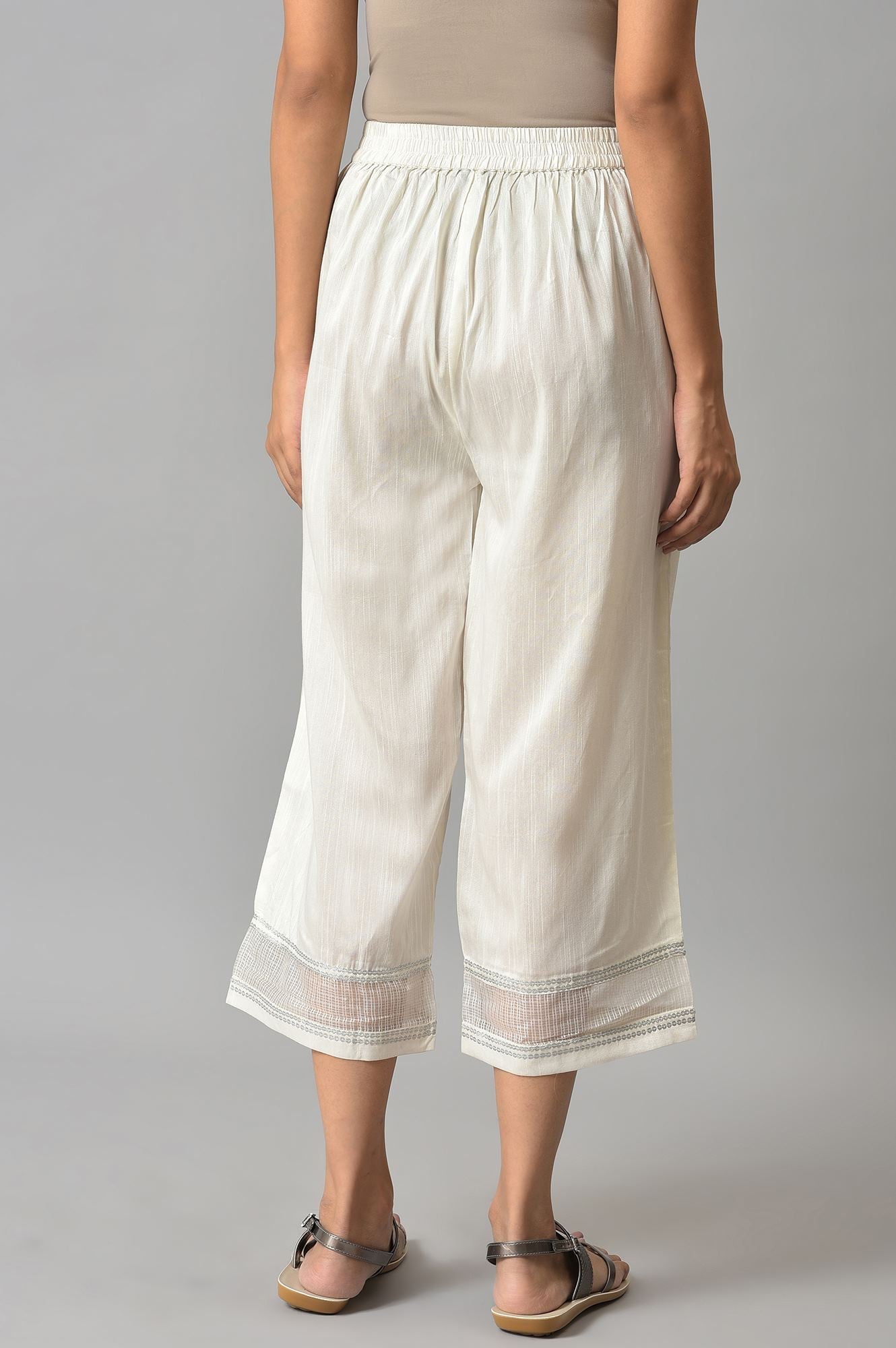 Off White Solid Wide-leg Cotton Culottes with Sheer Hem Detail