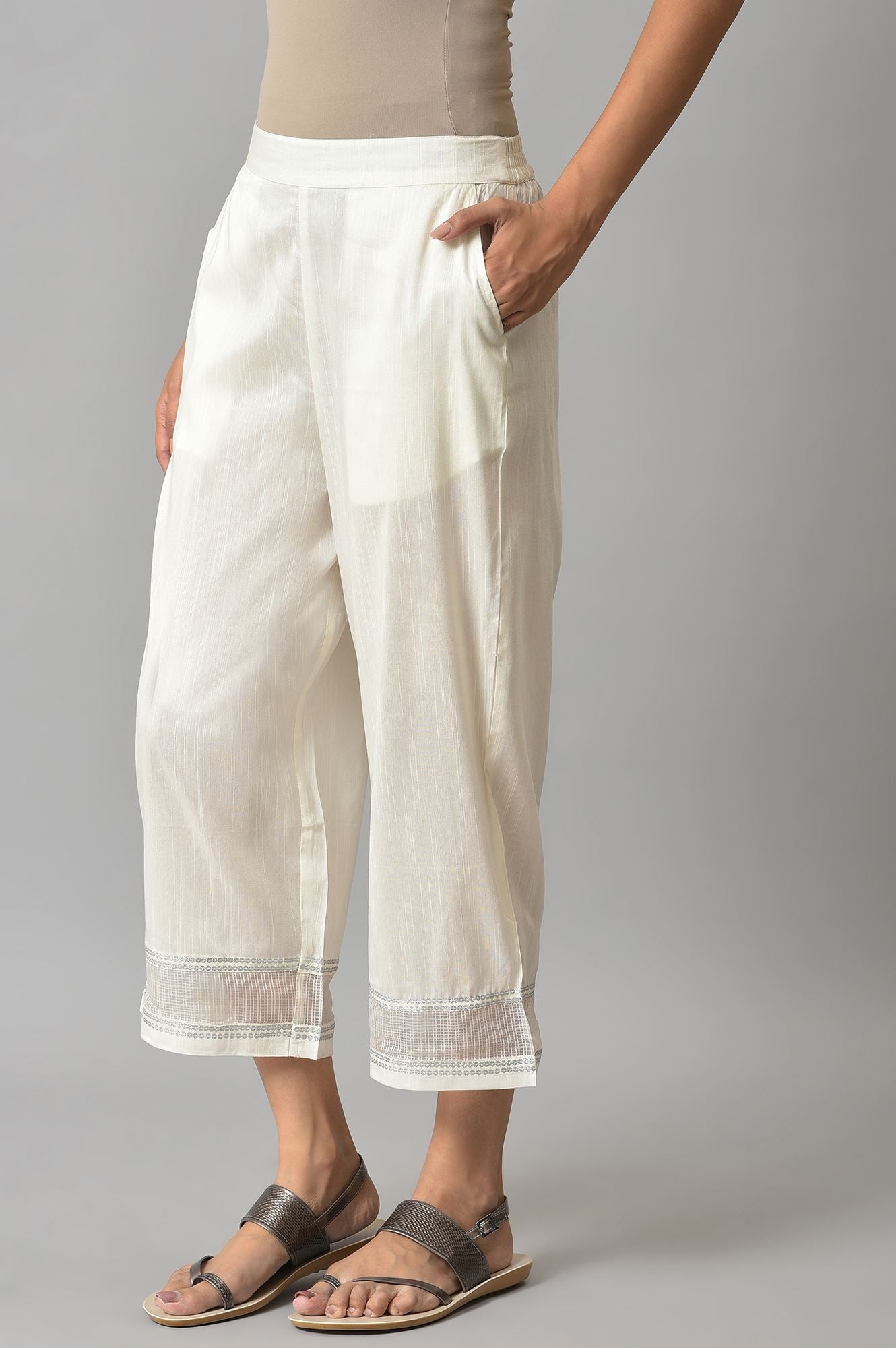 Off White Solid Wide-leg Cotton Culottes with Sheer Hem Detail