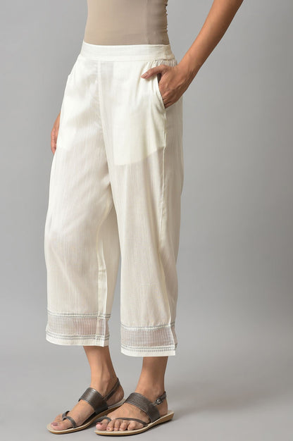 Off White Solid Wide-leg Cotton Culottes with Sheer Hem Detail