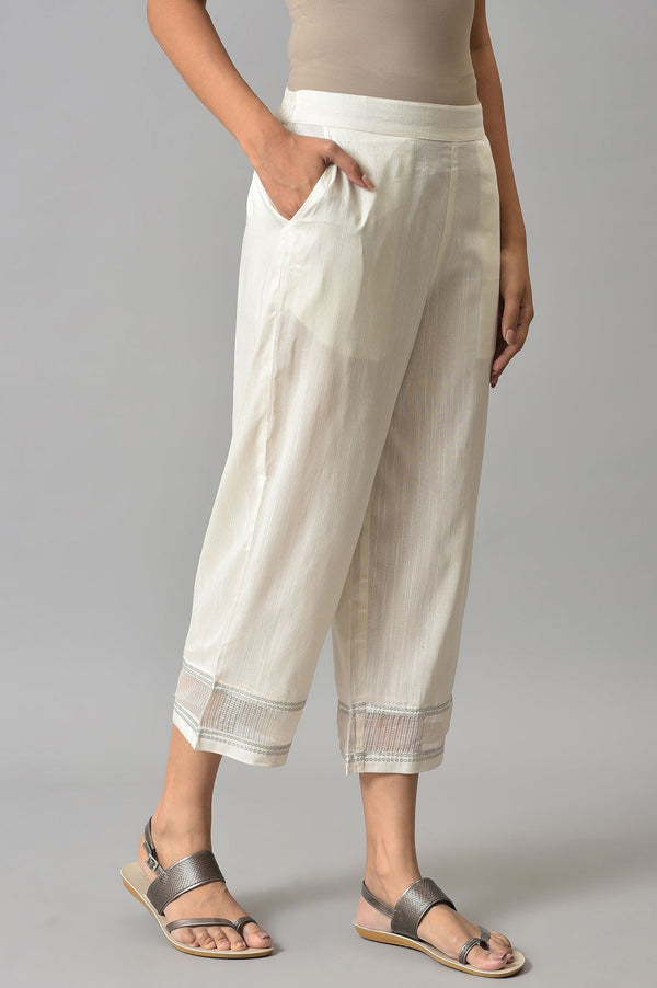 Elleven Women's Off White Solid Wide-leg Cotton Culottes with Sheer Hem Detail