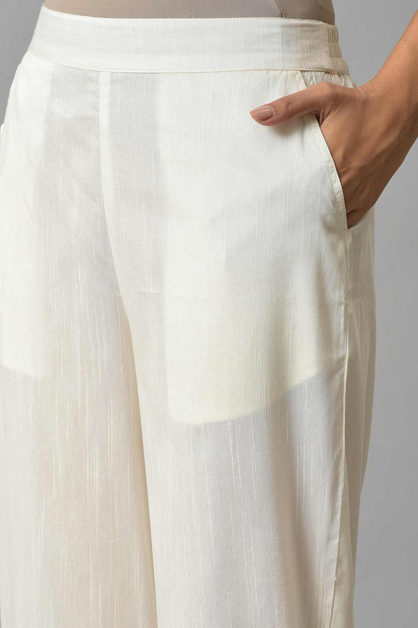 Elleven Women's Off White Solid Wide-leg Cotton Culottes with Sheer Hem Detail