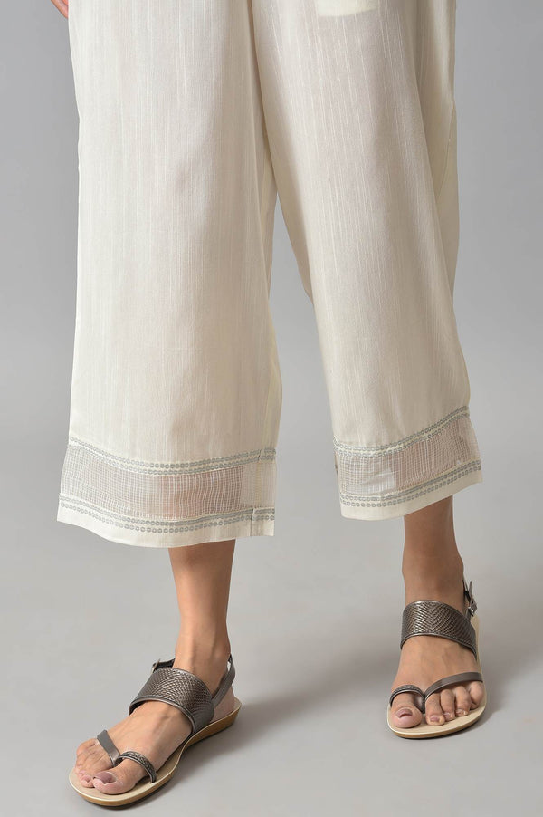Elleven Women's Off White Solid Wide-leg Cotton Culottes with Sheer Hem Detail