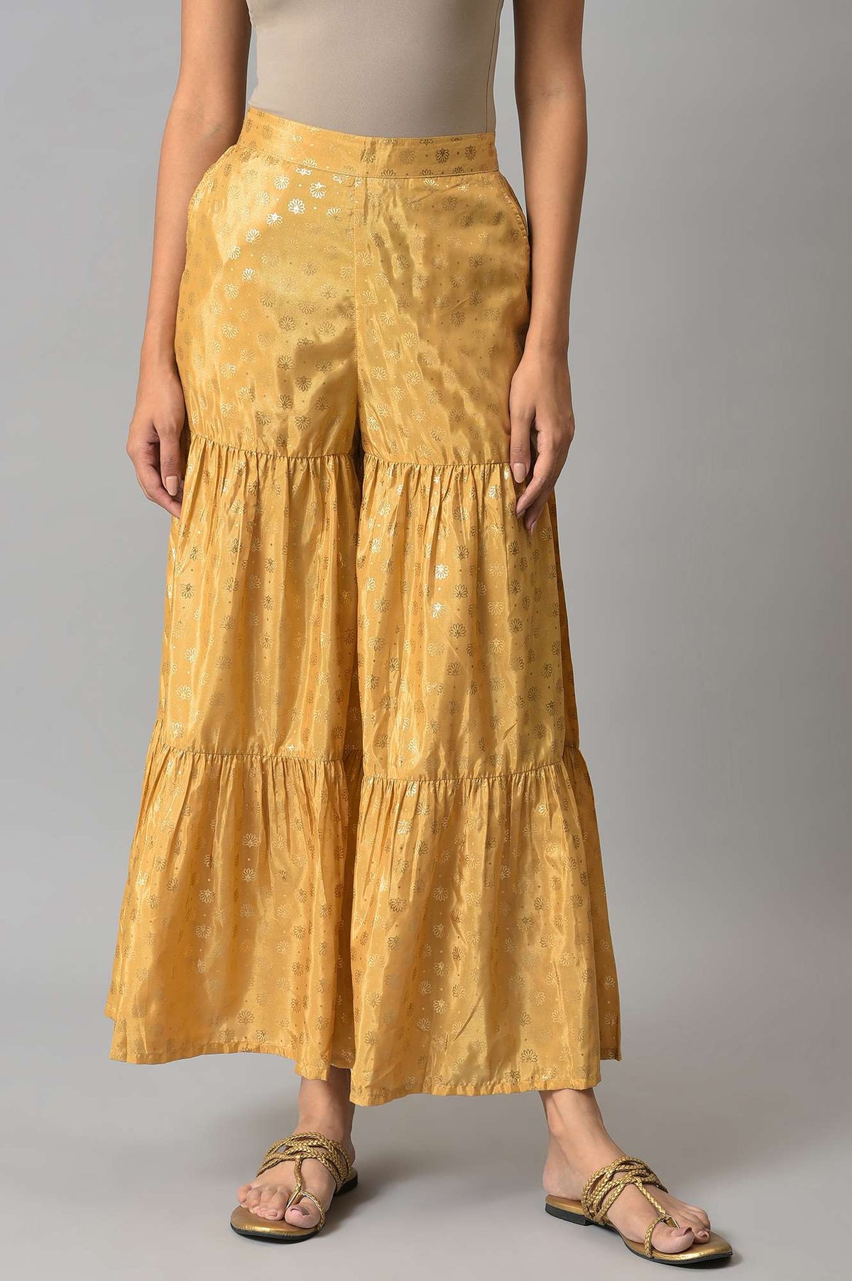 Elleven Women's Gold Floral Printed Flared Silk Palazzo With Elasticated Waist - XS