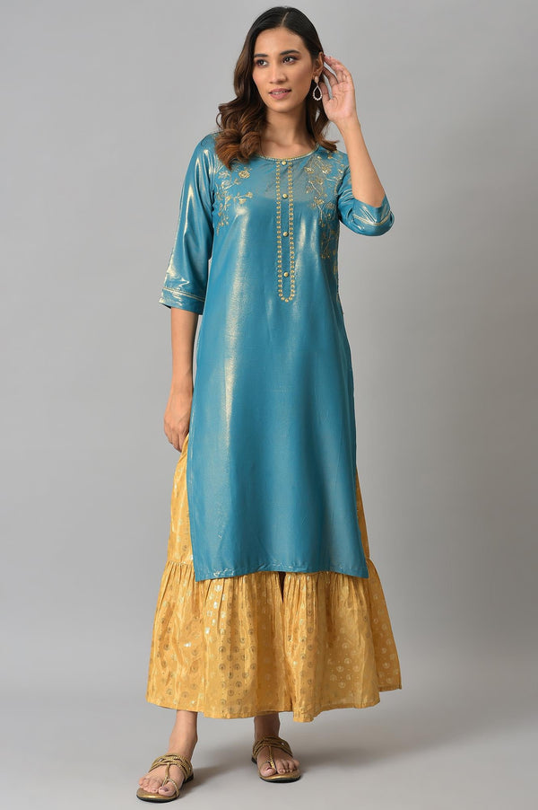 Gold Floral Printed Flared Silk Palazzo With Elasticated Waist