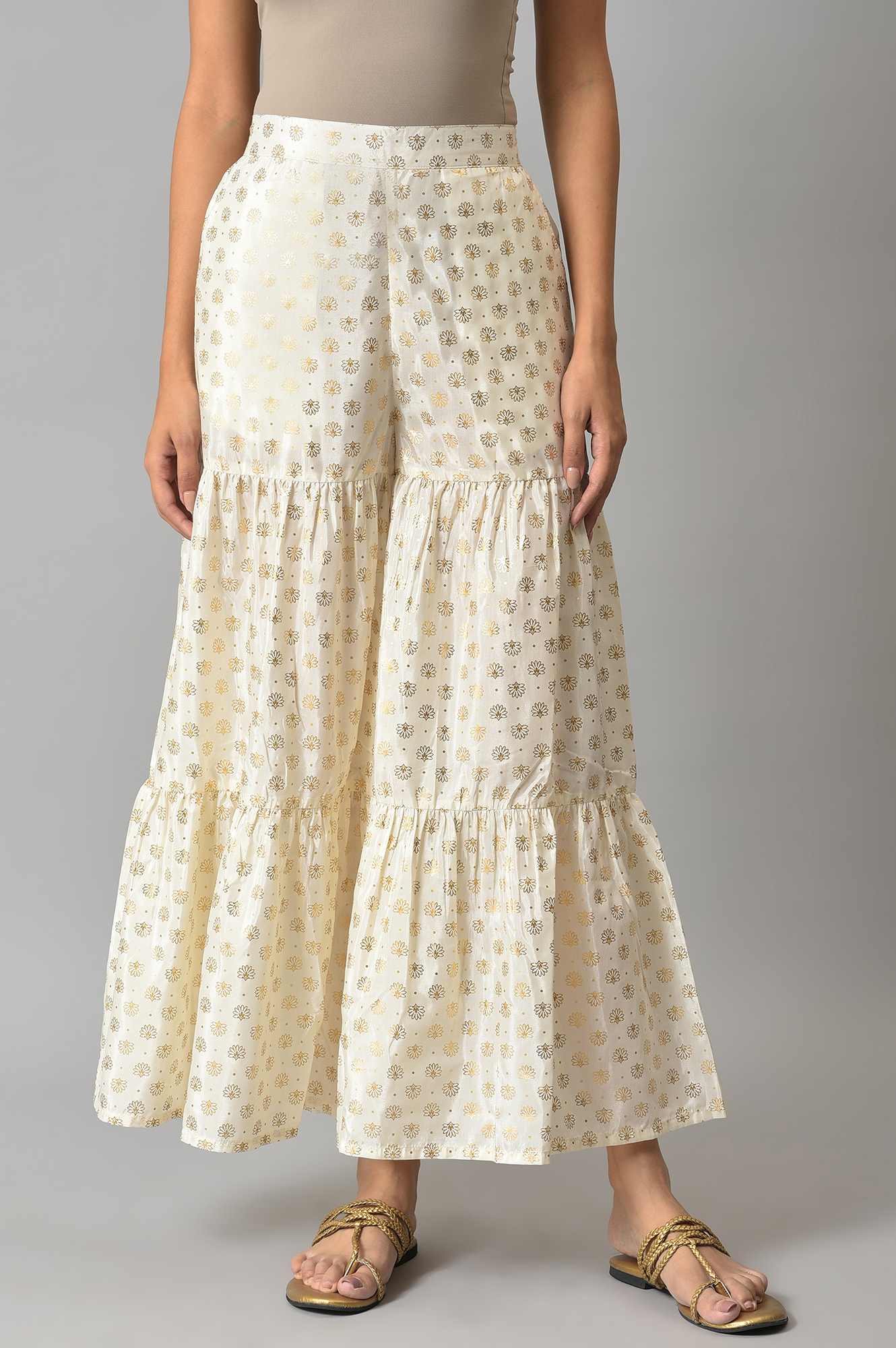 White Floral Printed Flared Silk Palazzo With Elasticated Waist