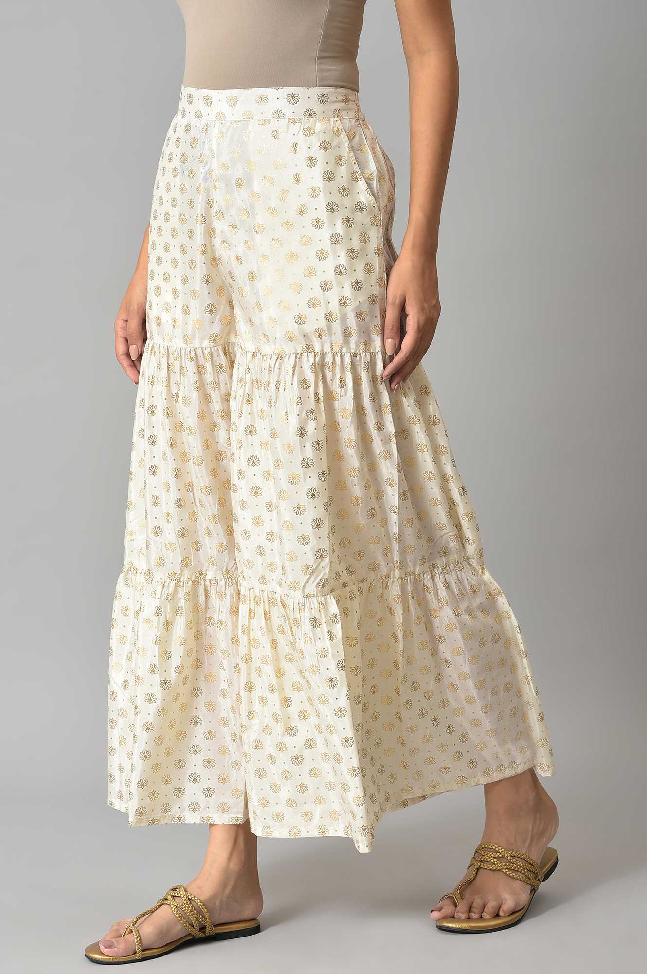 White Floral Printed Flared Silk Palazzo With Elasticated Waist