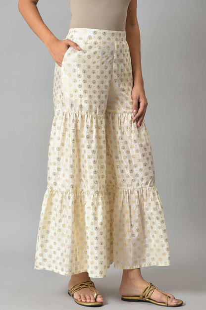 White Floral Printed Flared Silk Palazzo With Elasticated Waist