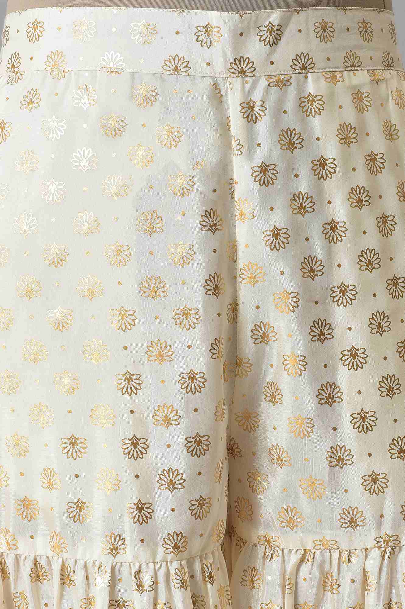 White Floral Printed Flared Silk Palazzo With Elasticated Waist