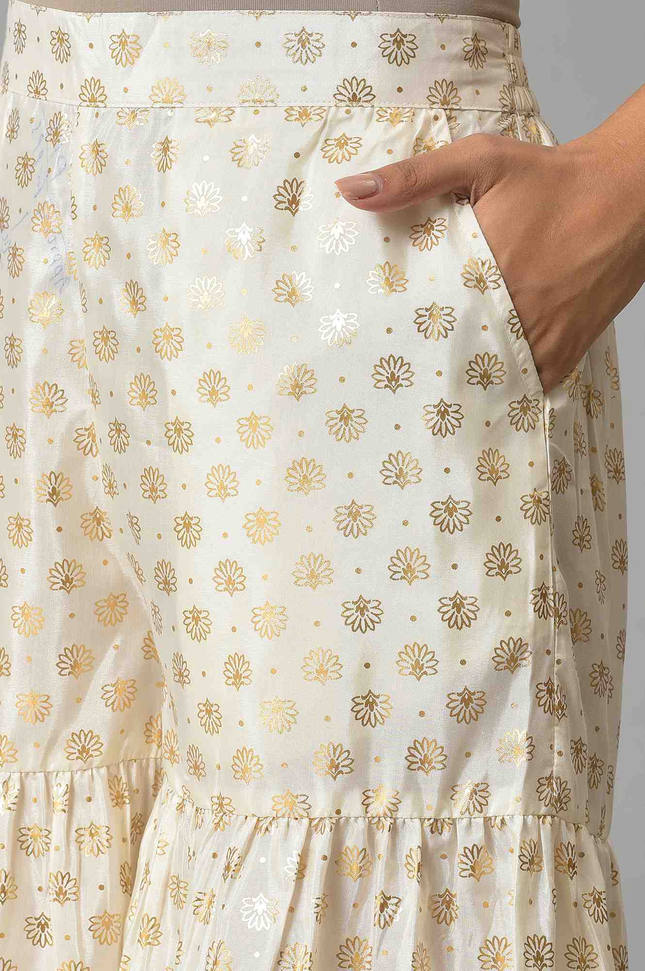 White Floral Printed Flared Silk Palazzo With Elasticated Waist