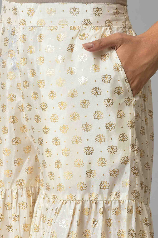 White Floral Printed Flared Silk Palazzo With Elasticated Waist