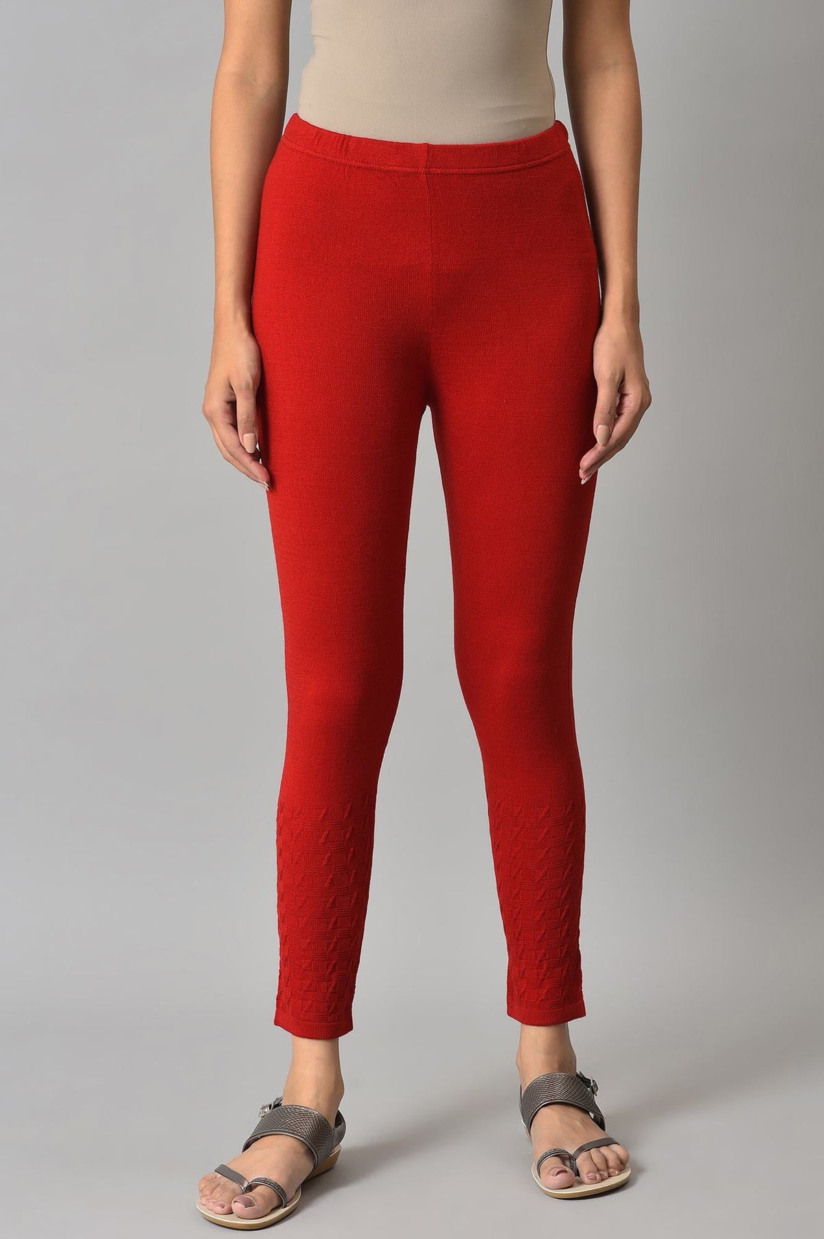 Elleven Women's Red Solid Skinny Tights With Elasticated Waistband - XS
