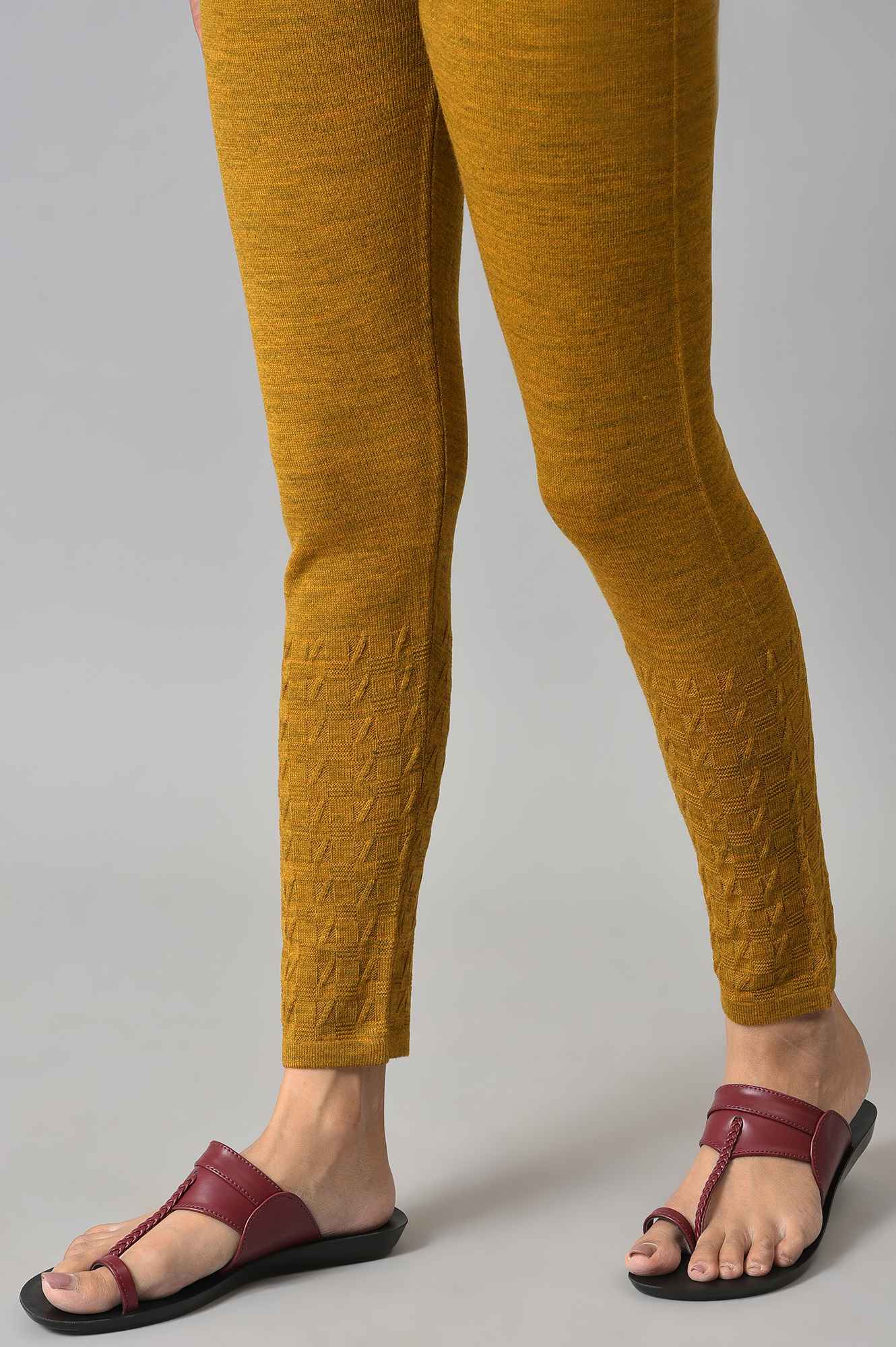Mustard Solid Skinny Knit Tights with Elasticated Waistband