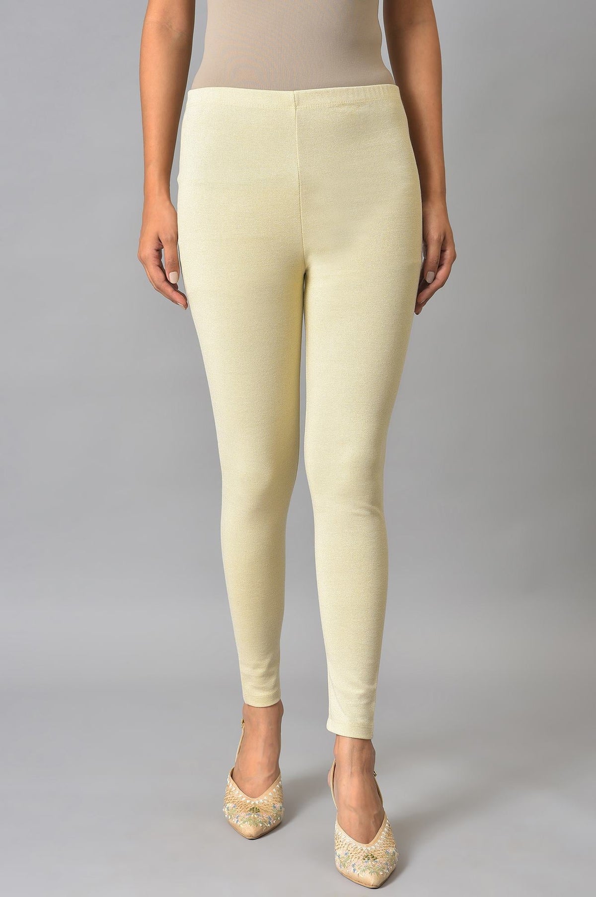 Elleven Women's Cream Solid Skinny-fit Knit Tights with Elasticated Waist - M