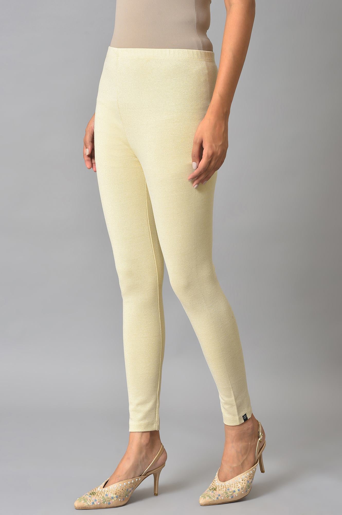 Cream Solid Skinny-fit Knit Tights with Elasticated Waist