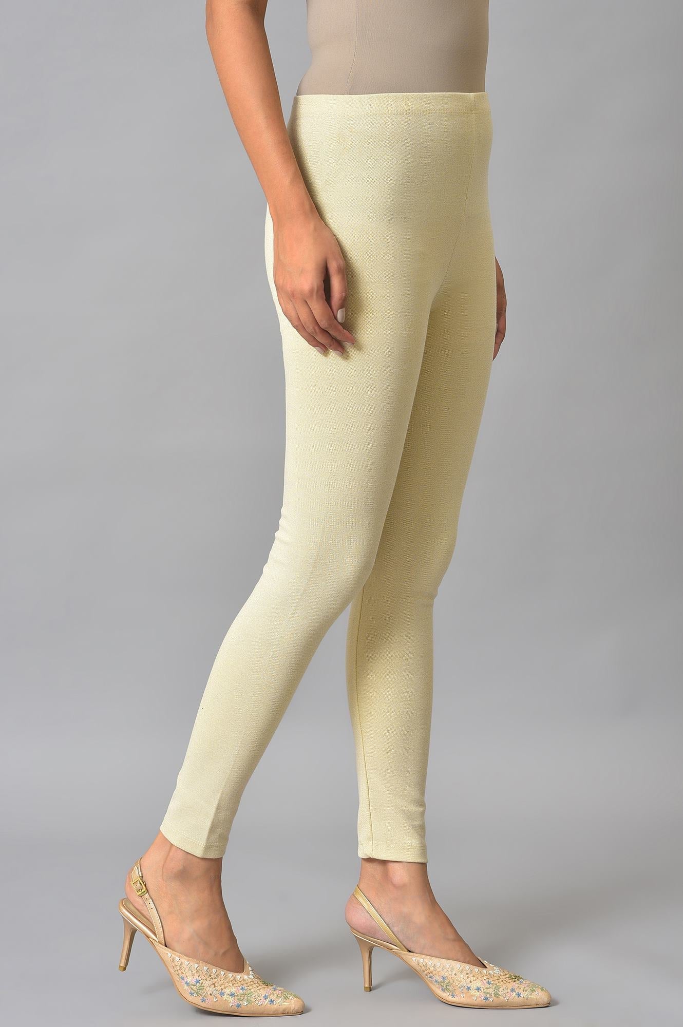 Cream Solid Skinny-fit Knit Tights with Elasticated Waist