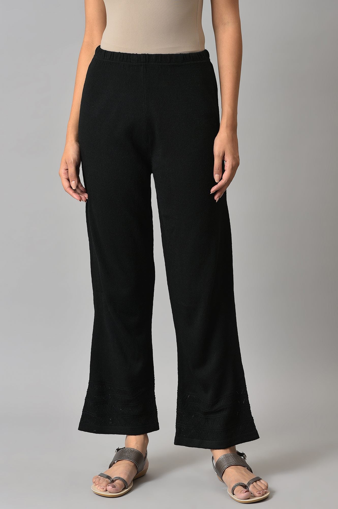 Black Geometric Straight Fit Palazzo With Elasticated Waist