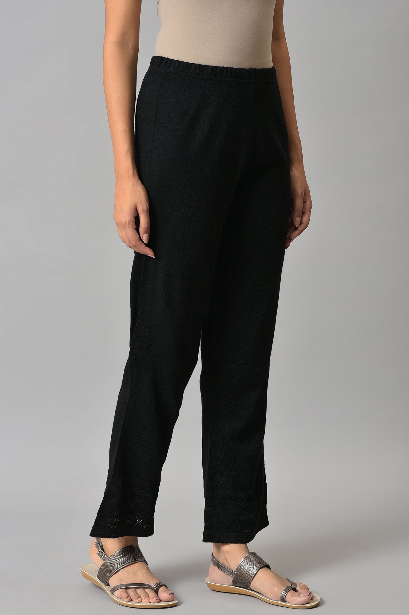 Black Geometric Straight Fit Palazzo With Elasticated Waist