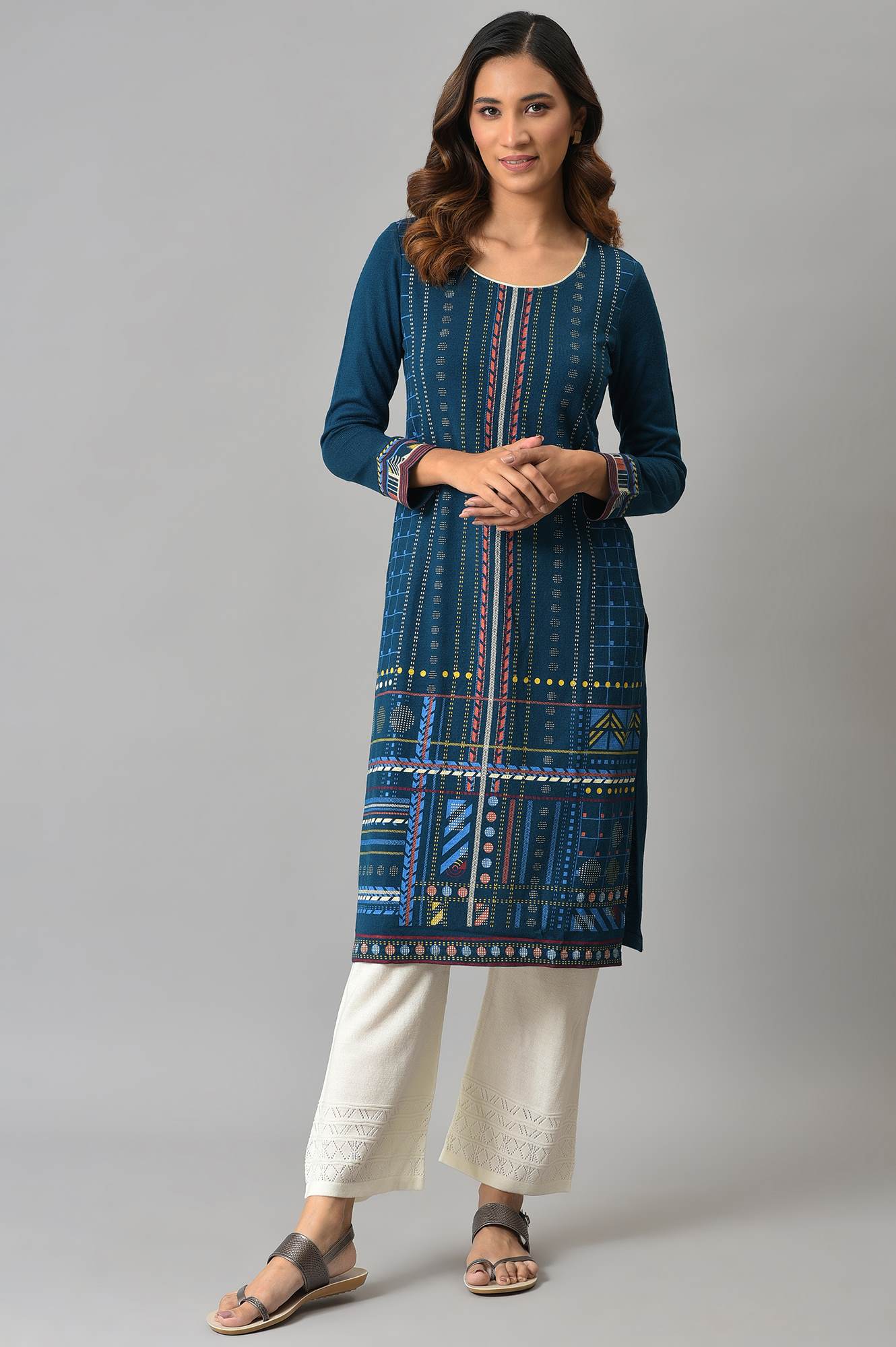 White Geometric Straight Fit Acrylic Palazzo With Elasticated Waist