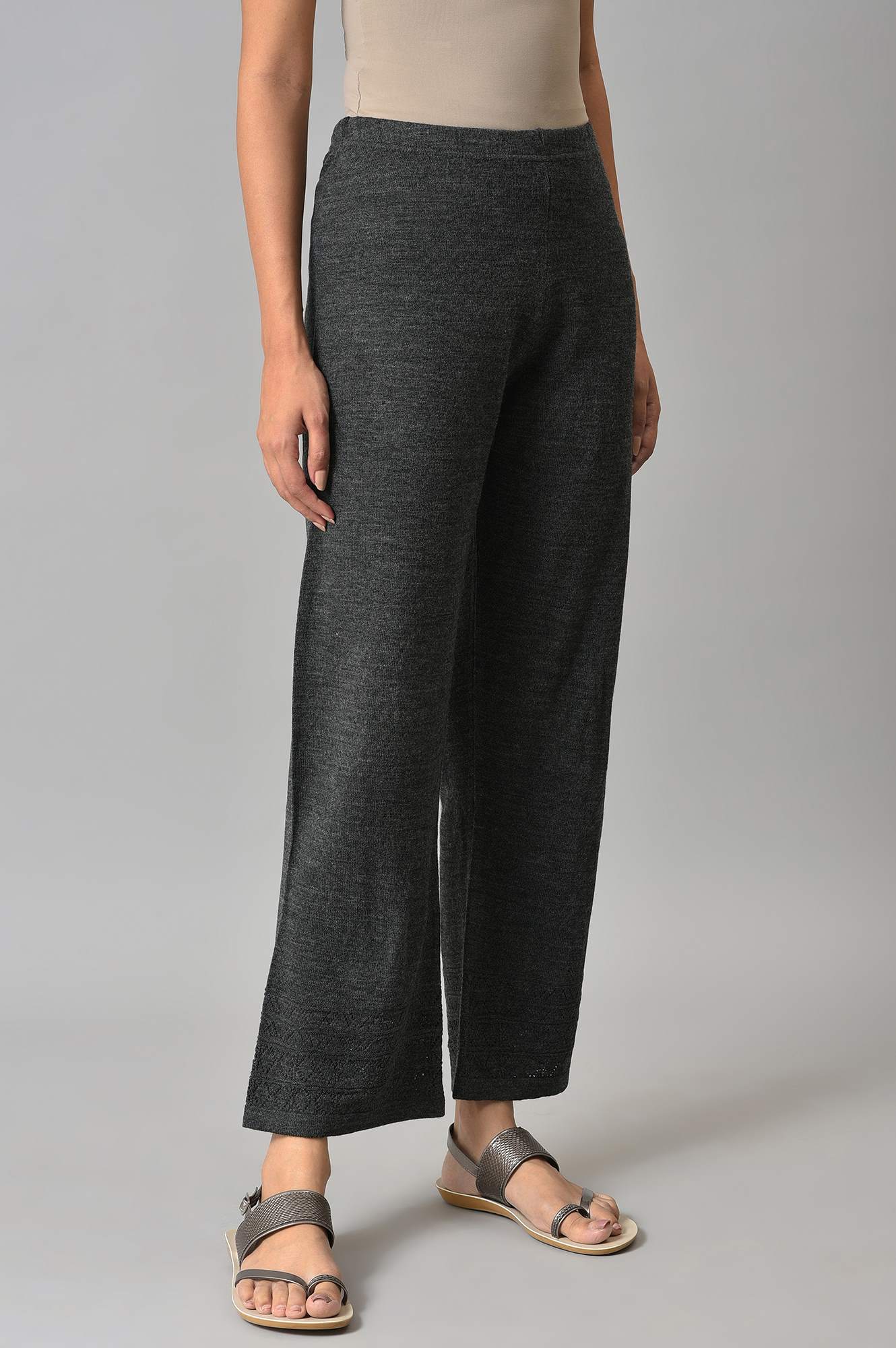 Grey Geometric Straight Fit Palazzo With Elasticated Waist