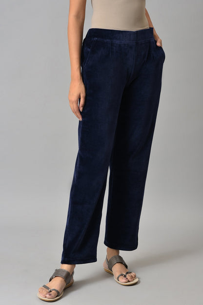 Navy Blue Solid Straight Fit Cotton Trousers With Elasticated Waist
