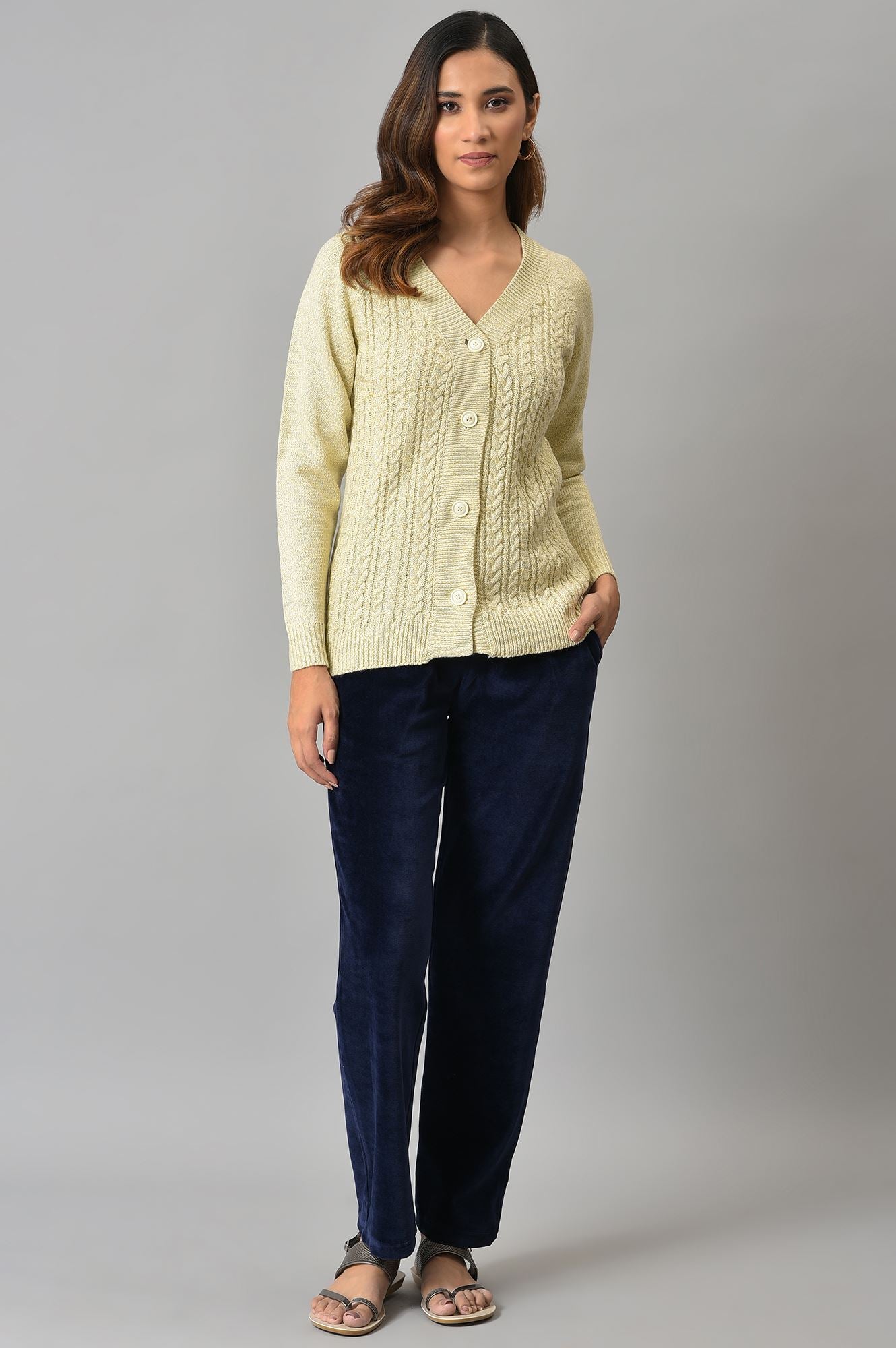 Navy Blue Solid Straight Fit Cotton Trousers With Elasticated Waist