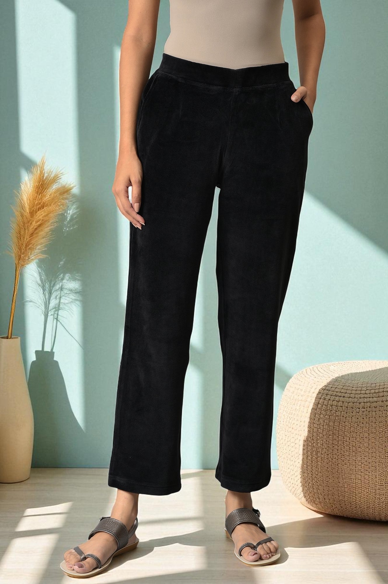 Black Solid Straight Fit Cotton Trousers With Elasticated Waist