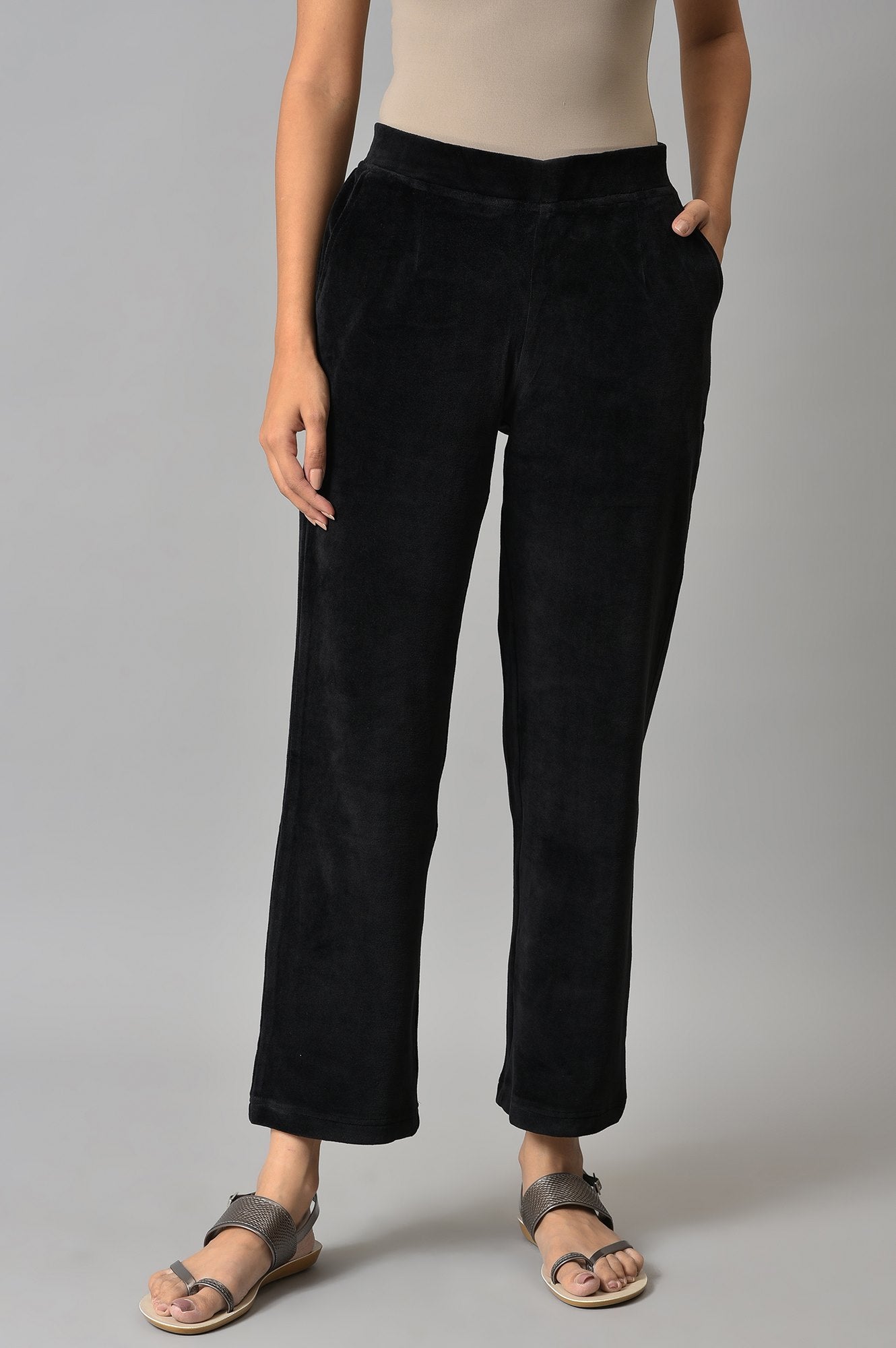 Black Solid Straight Fit Cotton Trousers With Elasticated Waist