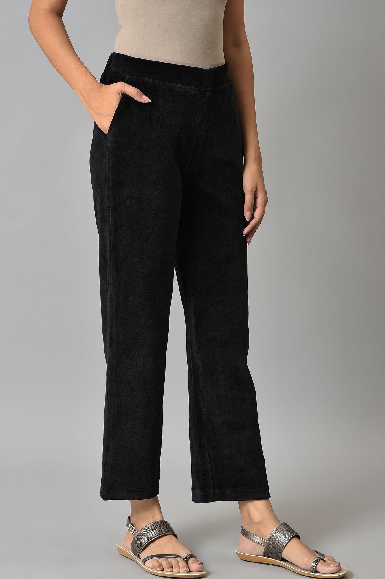 Black Solid Straight Fit Cotton Trousers With Elasticated Waist