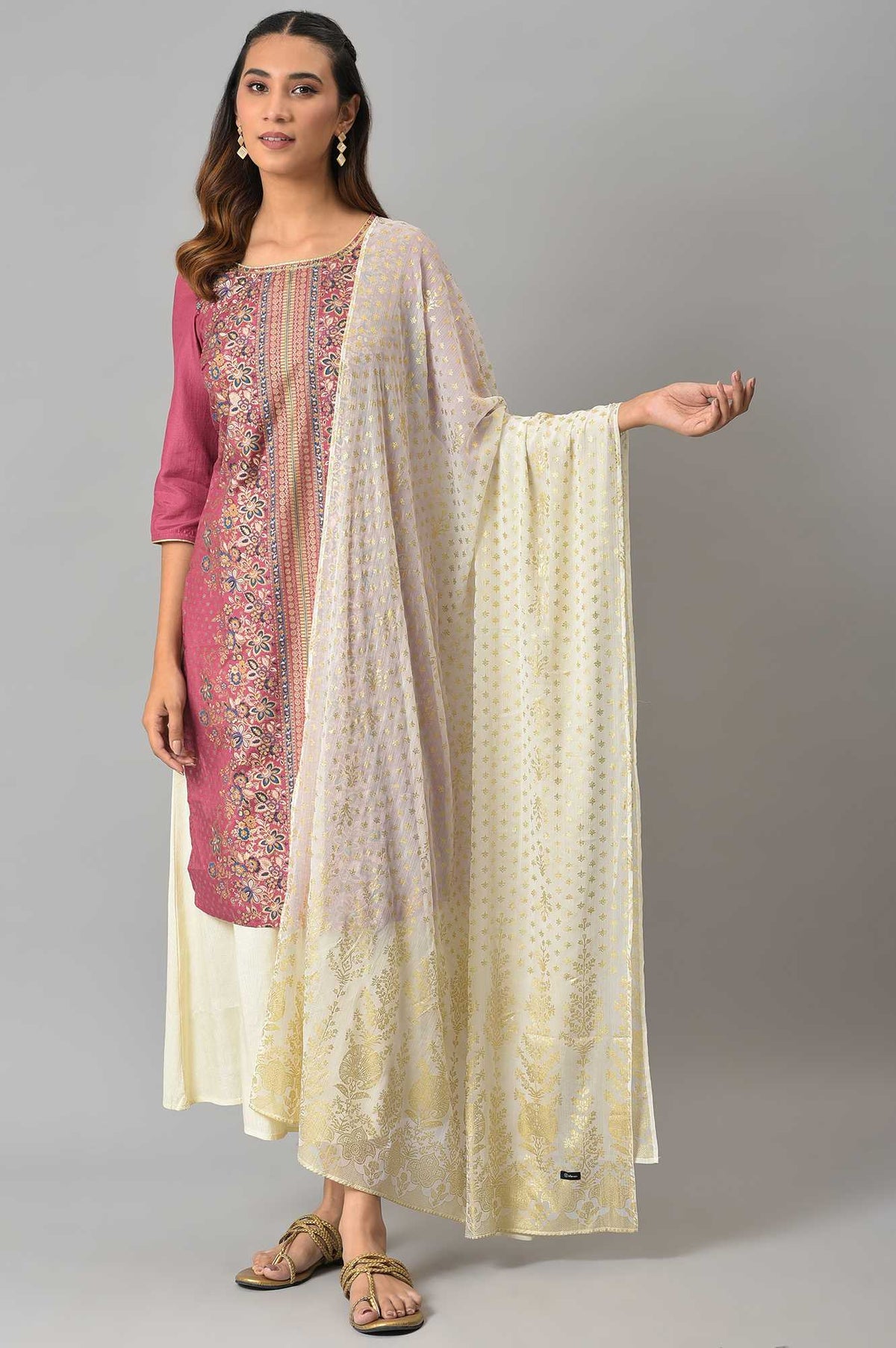 Elleven Women's White Silver Chiffon Printed Dupatta - FS