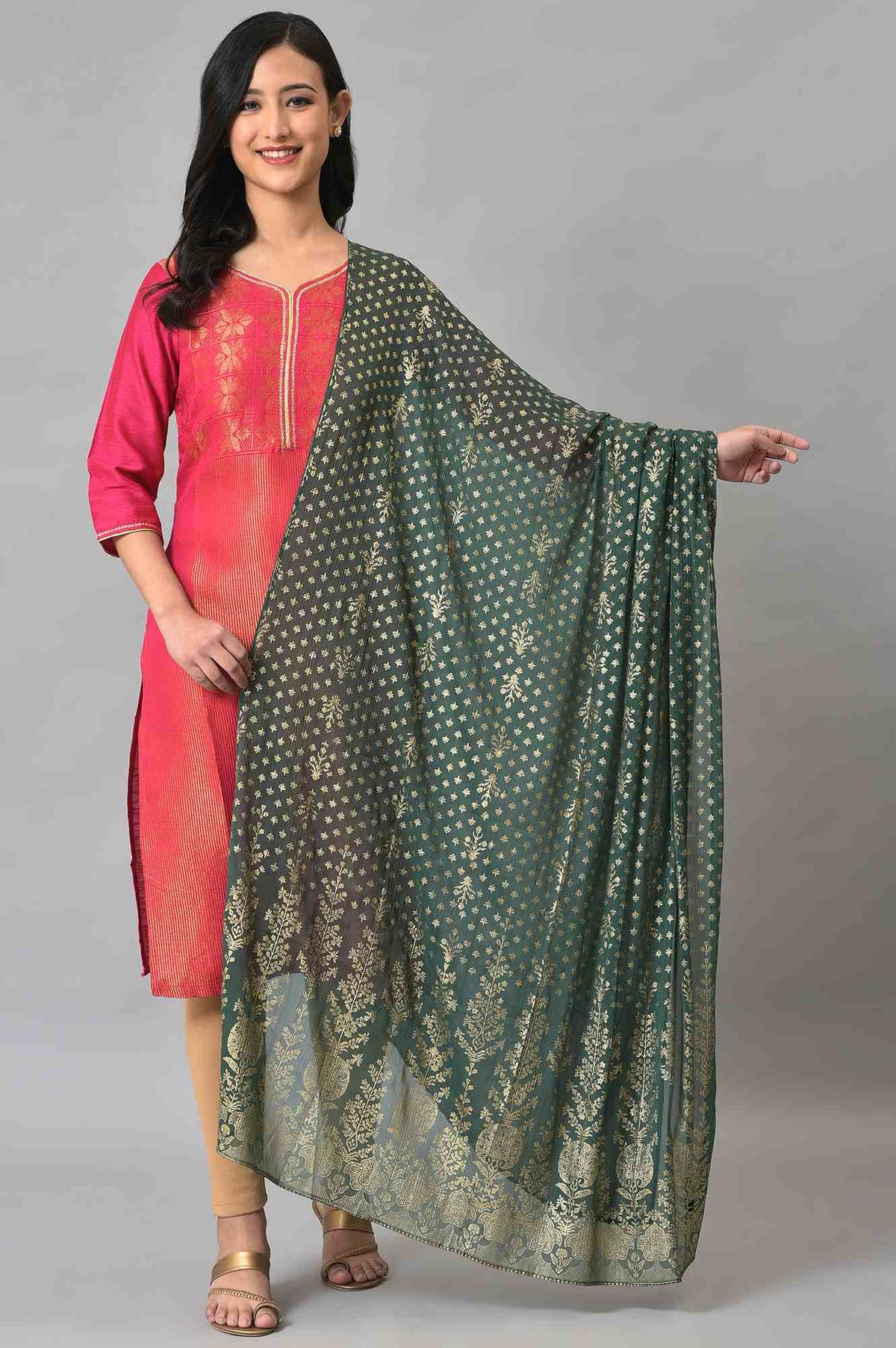 Elleven Women's Green Silver Chiffon Printed Dupatta - FS