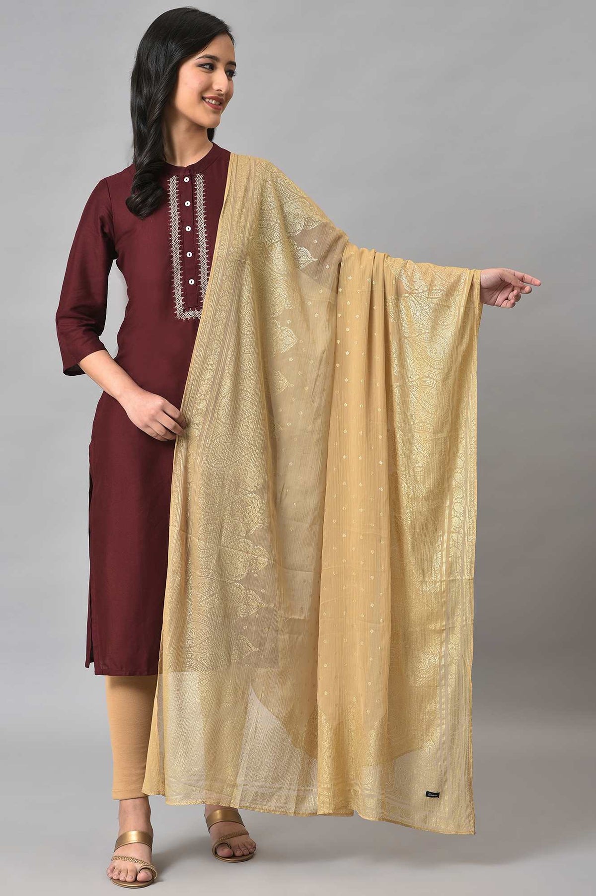 Elleven Women's Gold Silver Chiffon Printed Dupatta - FS