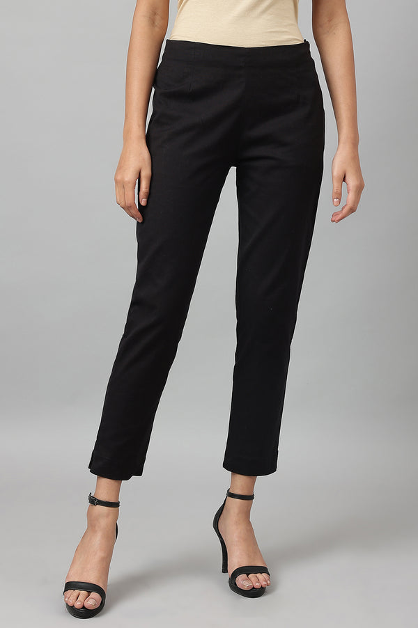 Black Solid Mid-Rise Cotton Flax Slim Pants