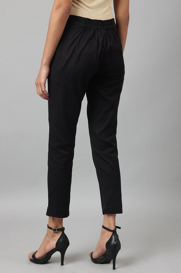 Black Solid Mid-Rise Cotton Flax Slim Pants
