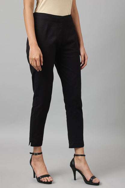 Black Solid Mid-Rise Cotton Flax Slim Pants