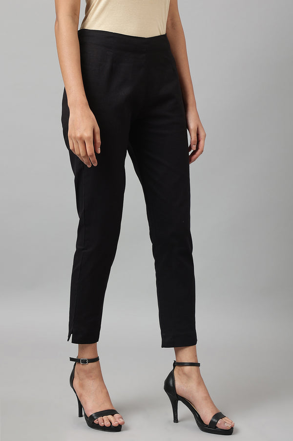Black Solid Mid-Rise Cotton Flax Slim Pants