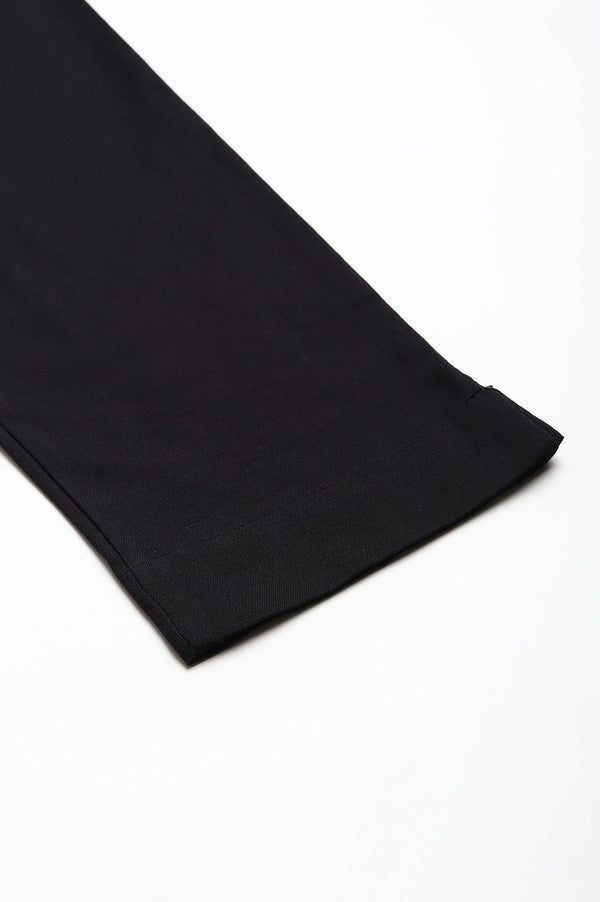 Black Solid Mid-Rise Cotton Flax Slim Pants