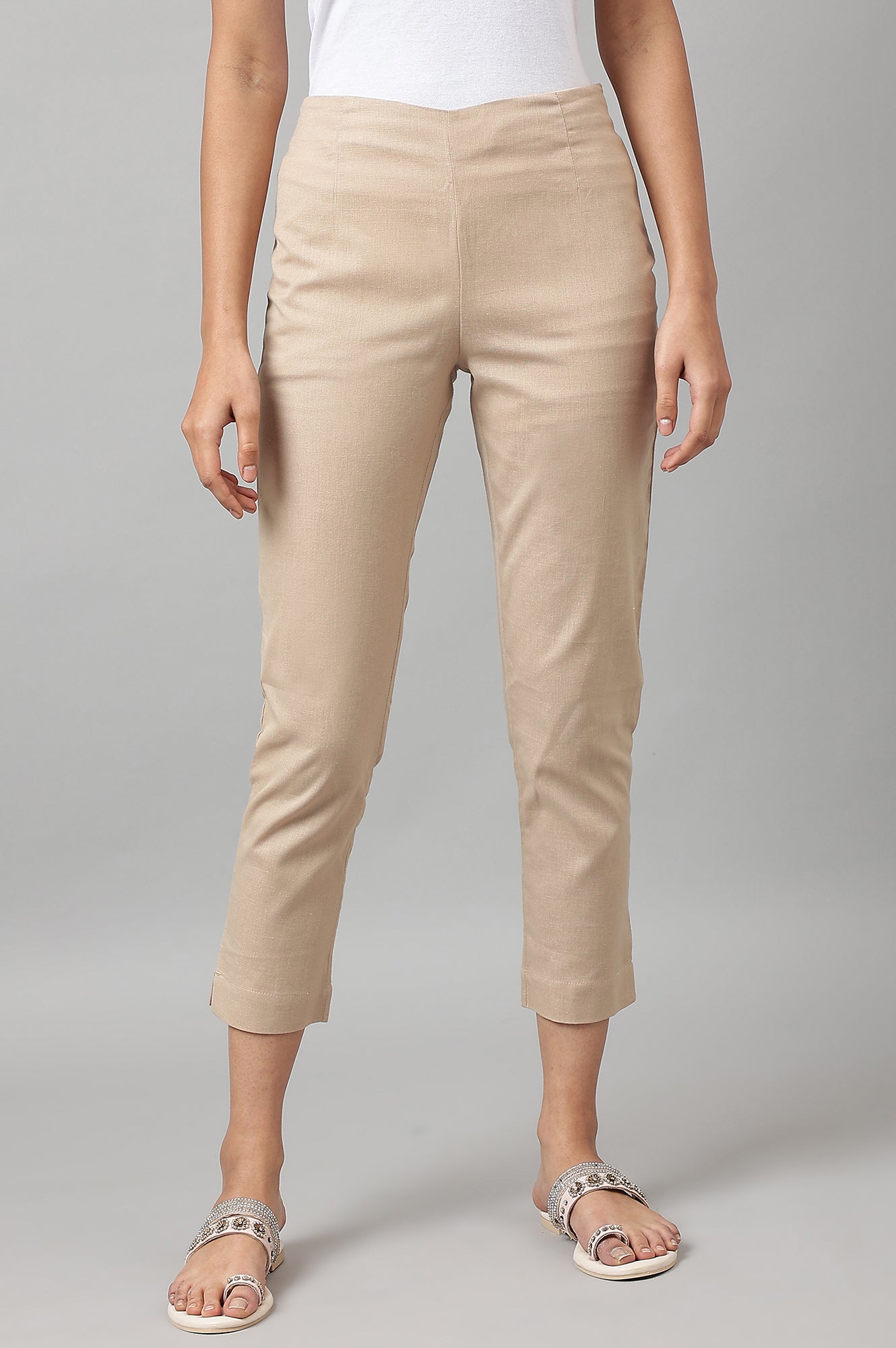 Beige Solid Slim Straight Leg Cotton Trouser
