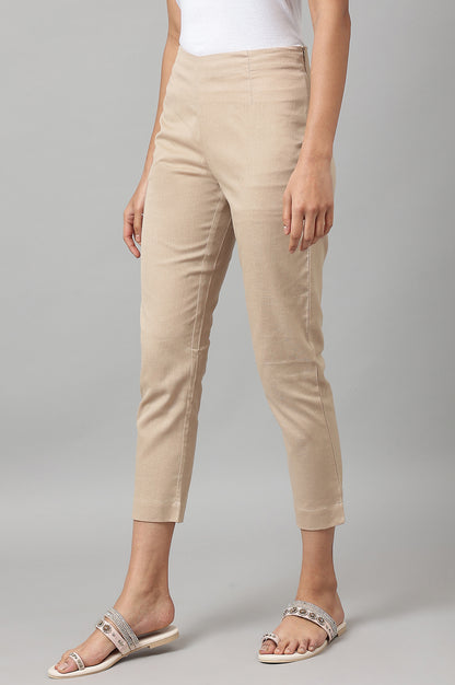 Beige Solid Slim Straight Leg Cotton Trouser