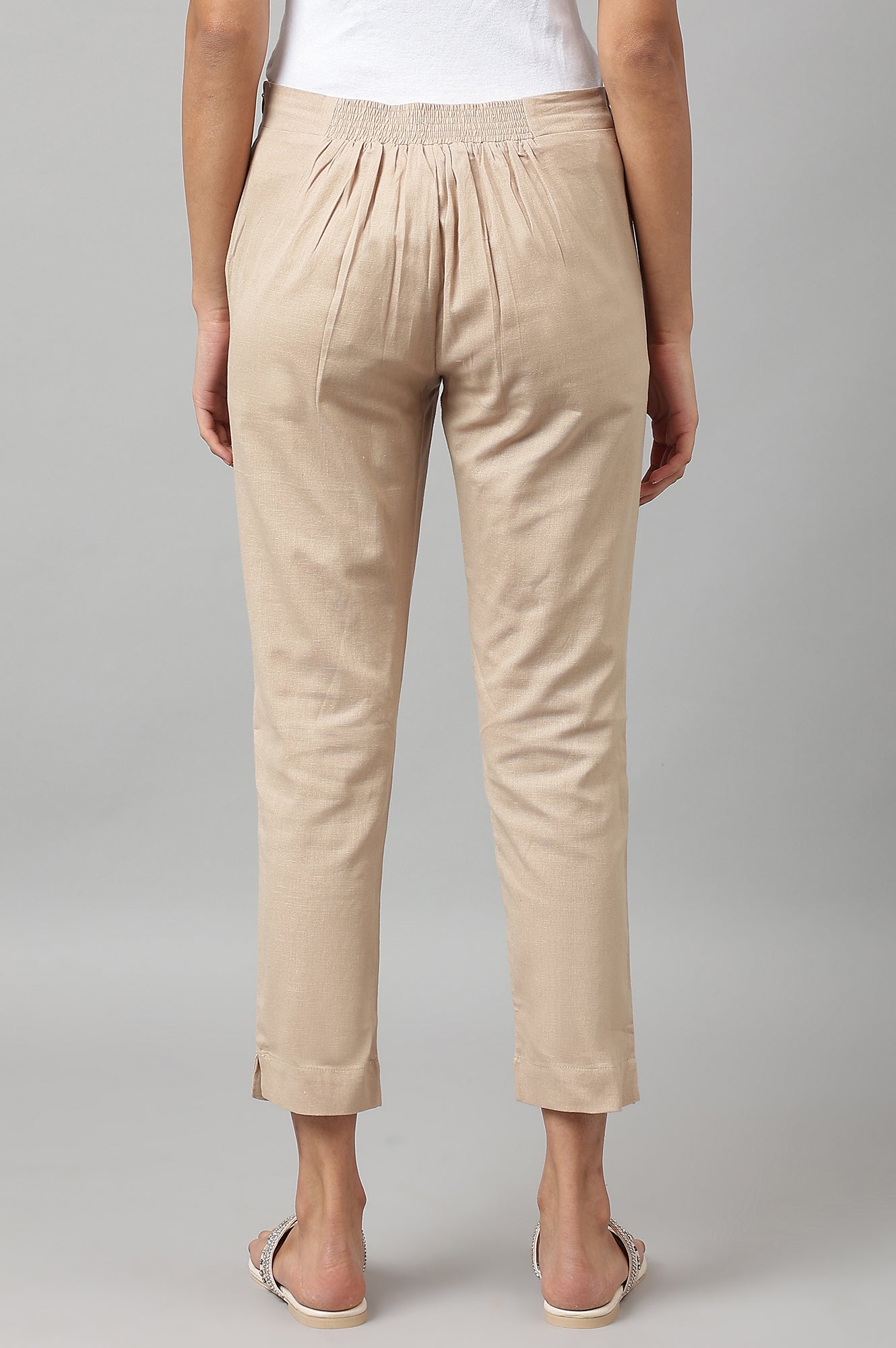 Beige Solid Slim Straight Leg Cotton Trouser