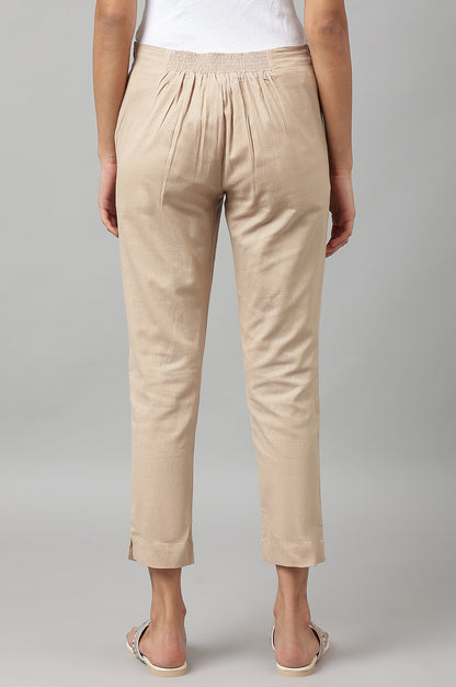 Beige Solid Slim Straight Leg Cotton Trouser