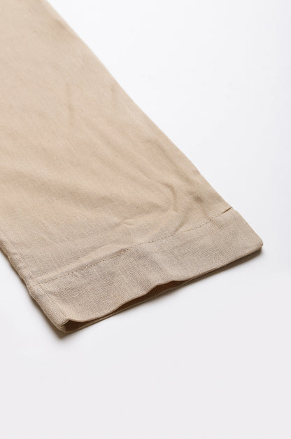 Beige Solid Slim Straight Leg Cotton Trouser