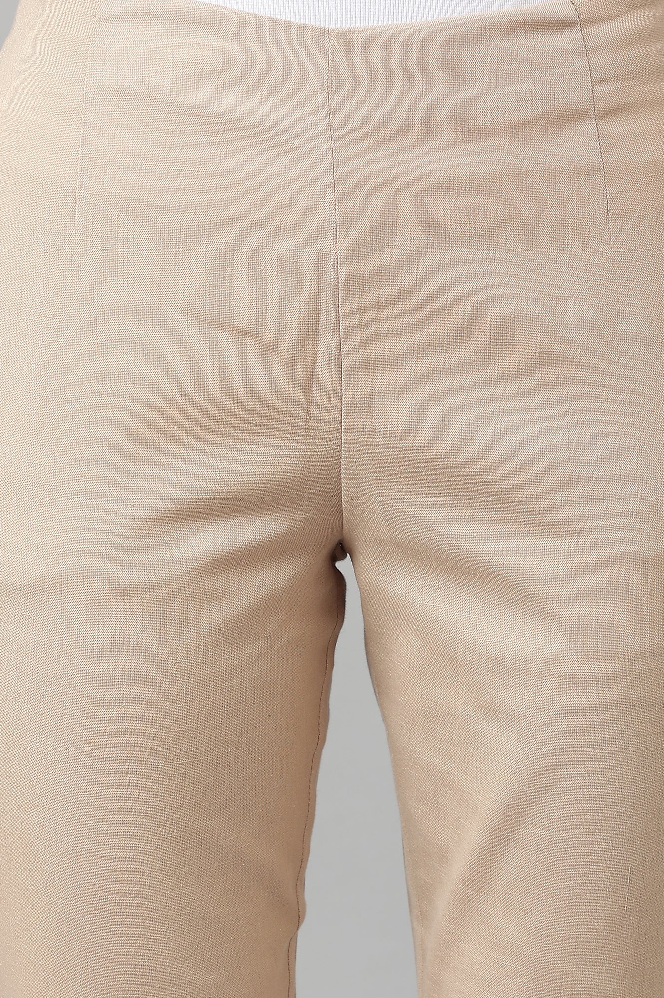 Beige Solid Slim Straight Leg Cotton Trouser