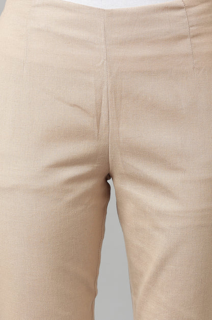 Beige Solid Slim Straight Leg Cotton Trouser