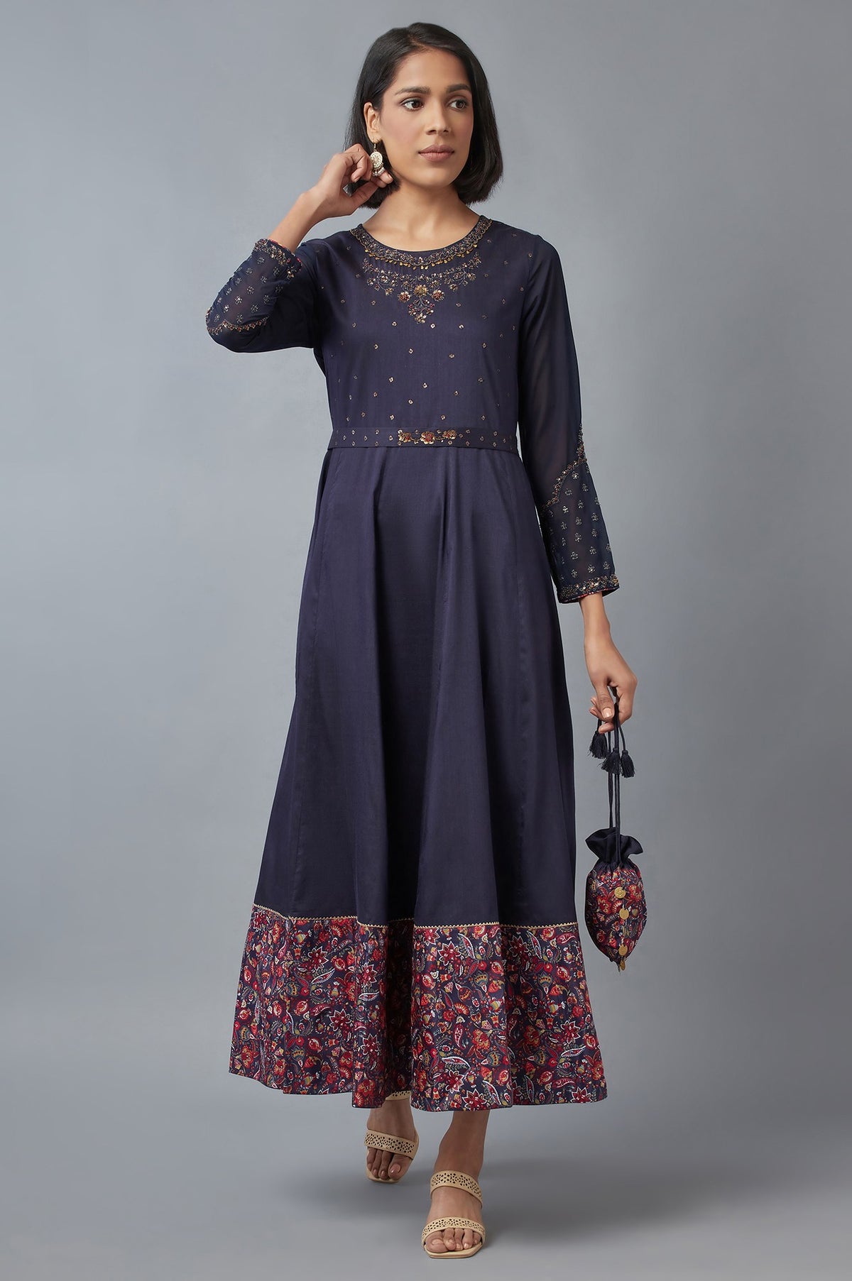 Navy Blue Embroidered Dress - XS