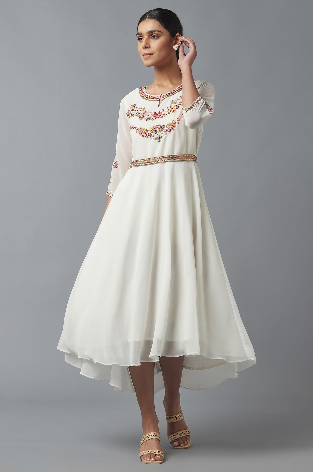 Ecru Embroidered Dress - 6