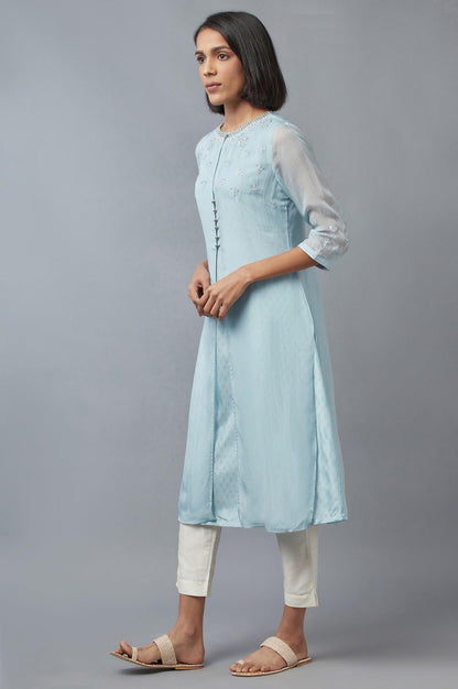 Blue Embroidered Gillet with Textured kurta - wforwoman