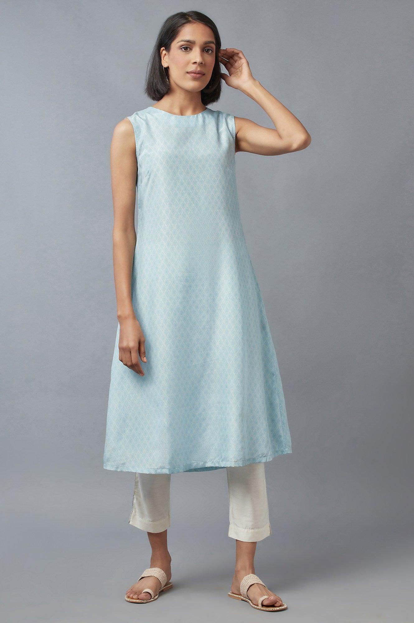 Blue Embroidered Gillet with Textured kurta - wforwoman