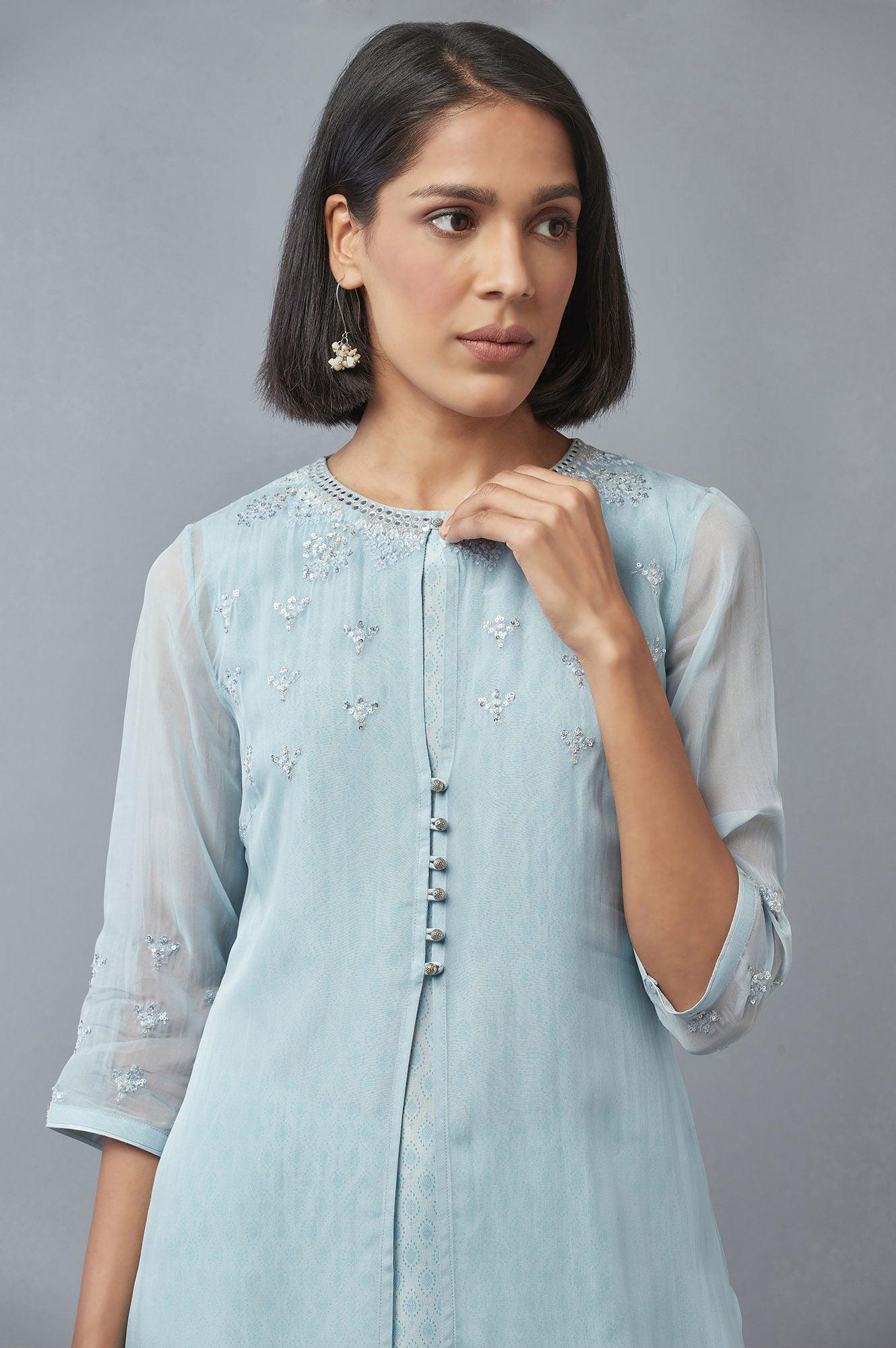 Blue Embroidered Gillet with Textured kurta - wforwoman